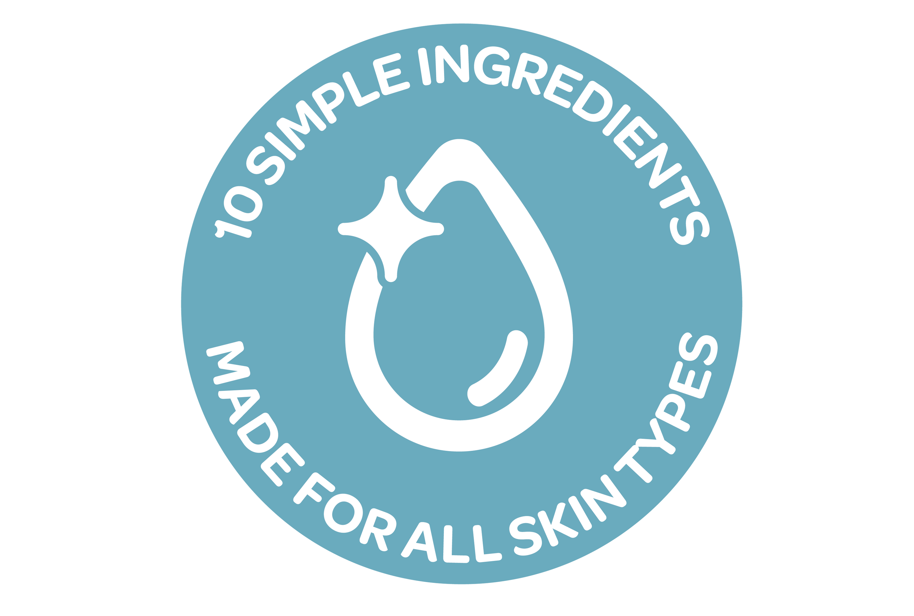 Logo with text '10 Simple Ingredients Made for All Skin Types' on a light blue circle with a white border.